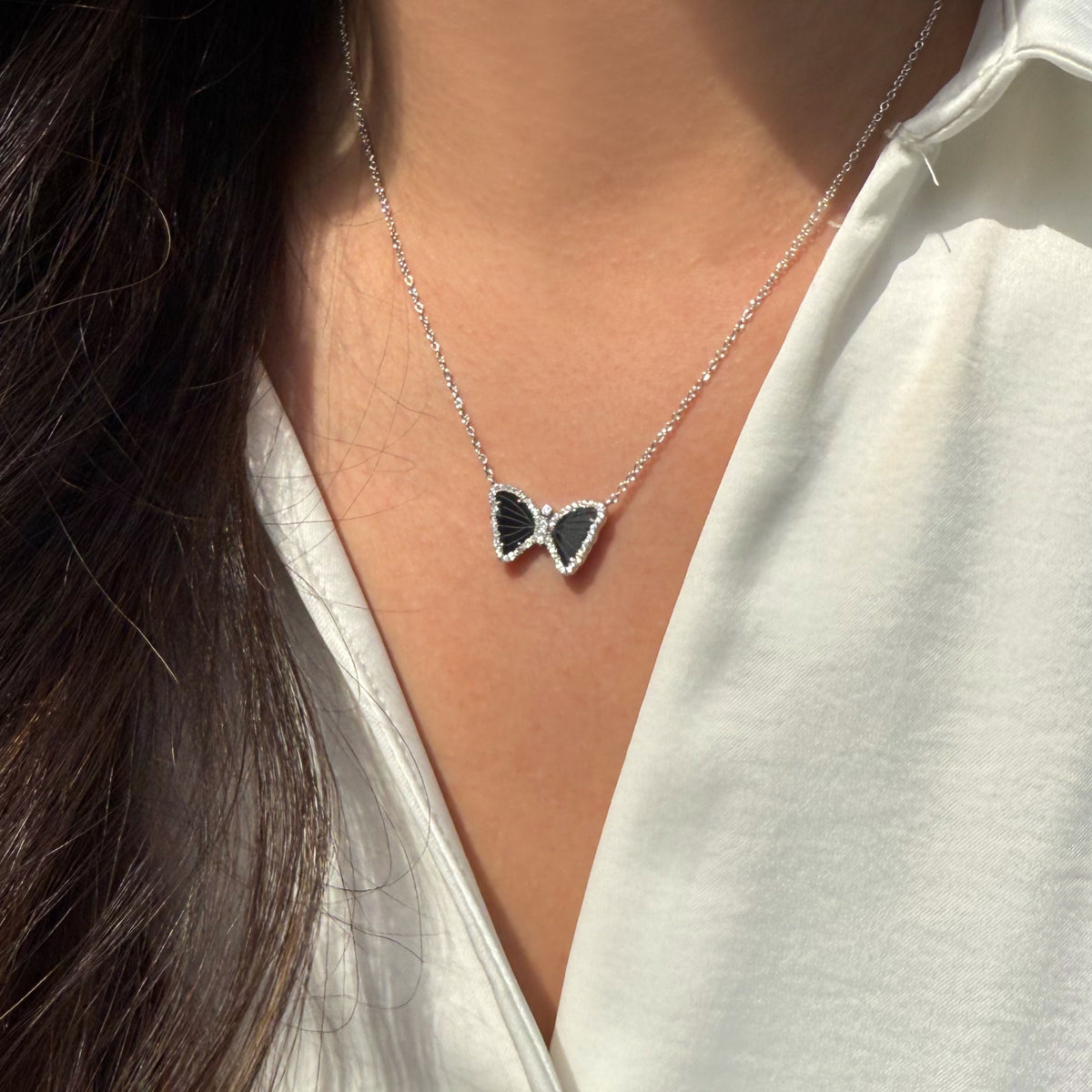 Mini butterfly necklace with black onyx silver