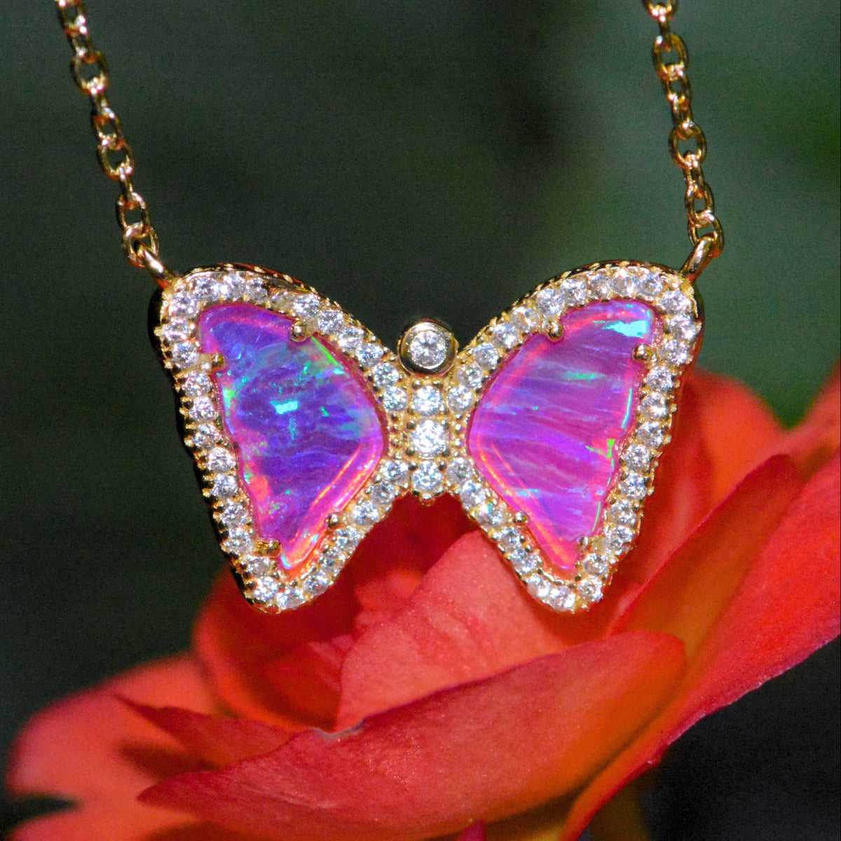 Mini butterfly necklace with opal in fuchsia opal gold