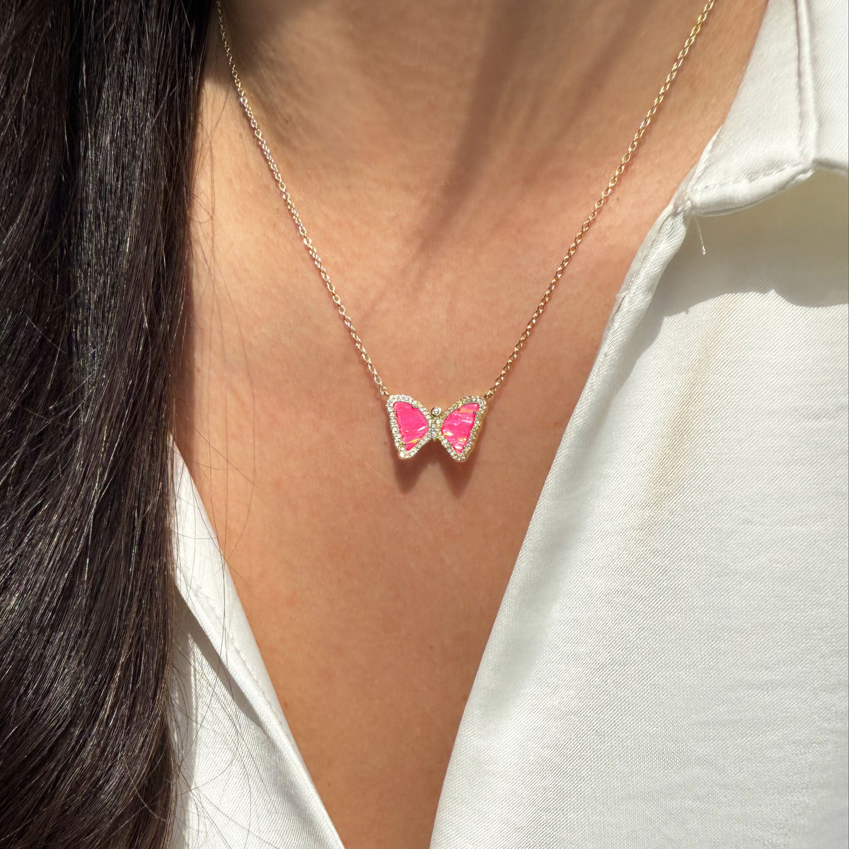 Mini butterfly necklace with opal in hot pink opal gold