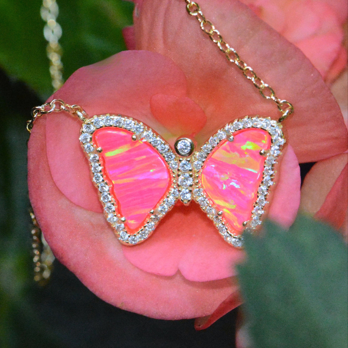 Mini butterfly necklace with opal in hot pink opal gold