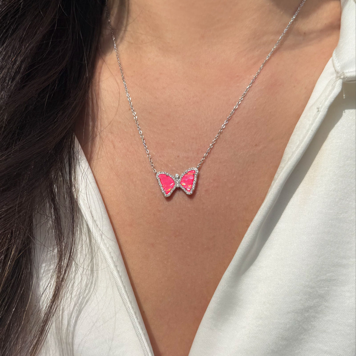 Mini butterfly necklace with opal in hot pink opal silver