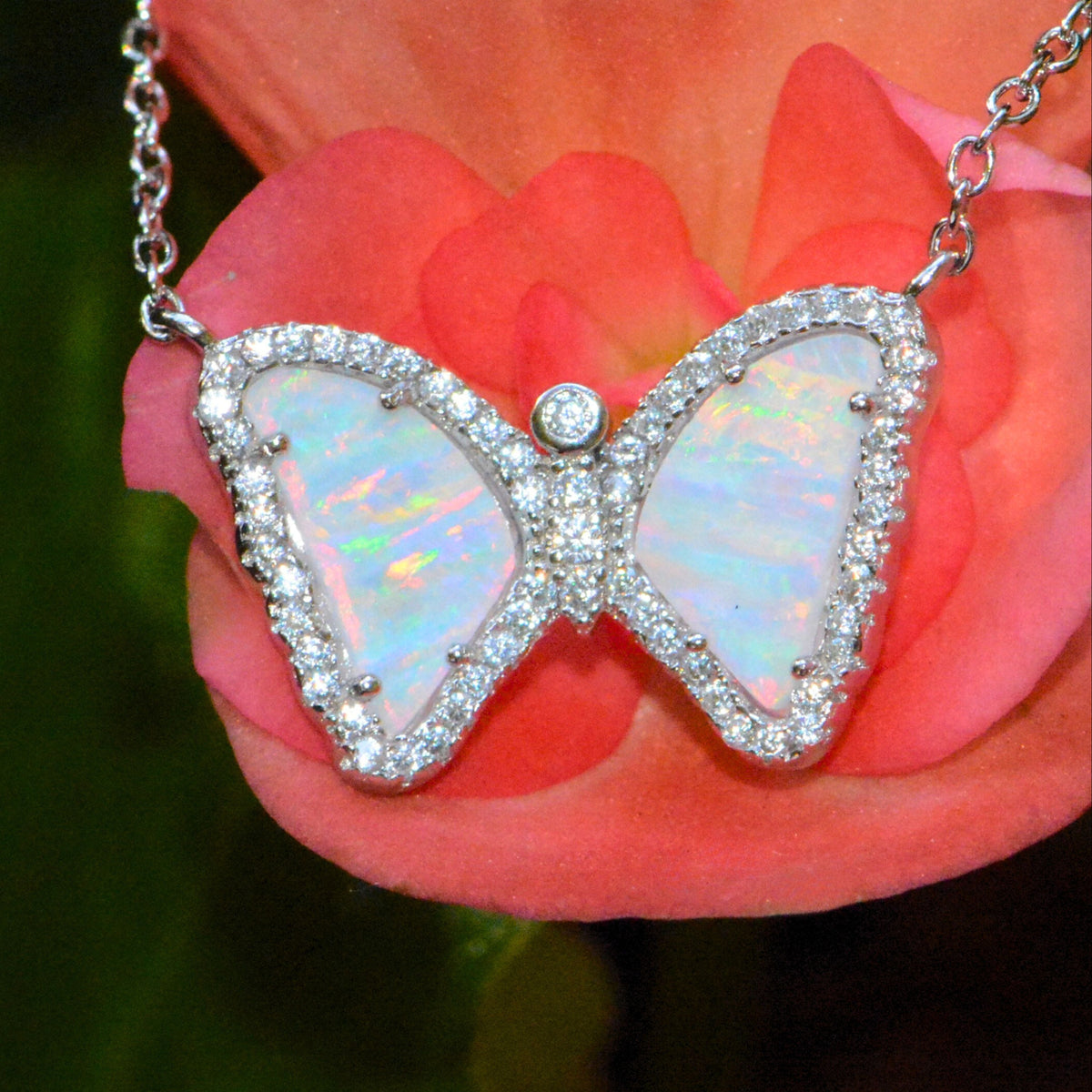 Mini butterfly necklace with opal in white opal silver