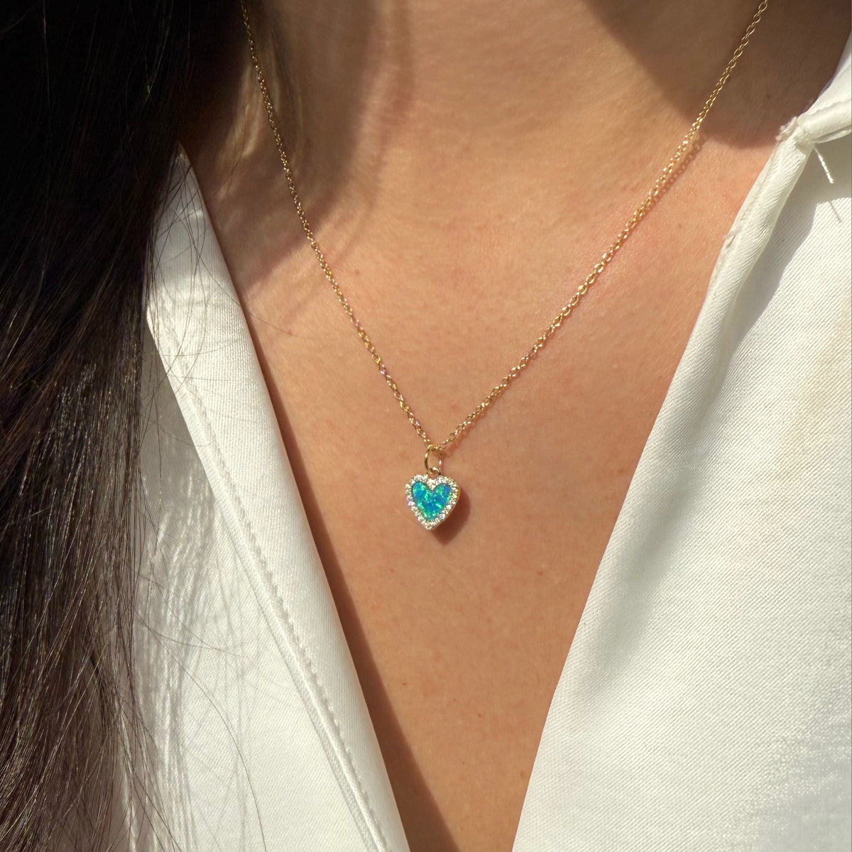 mini opal heart necklace blue green opal gold