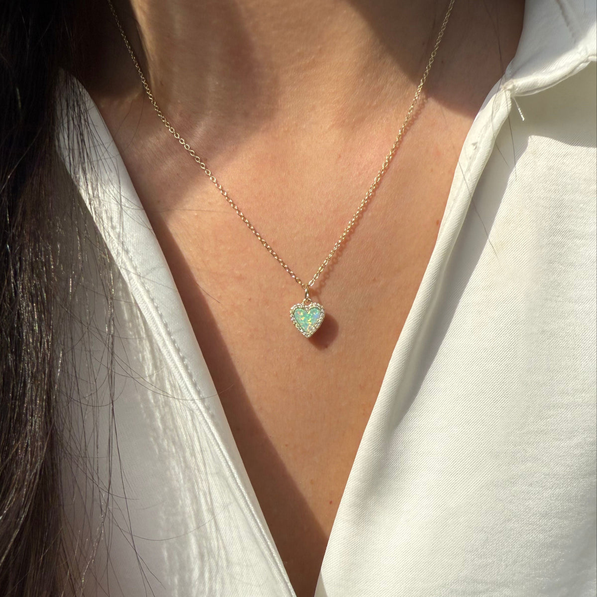 mini opal heart necklace light green opal gold