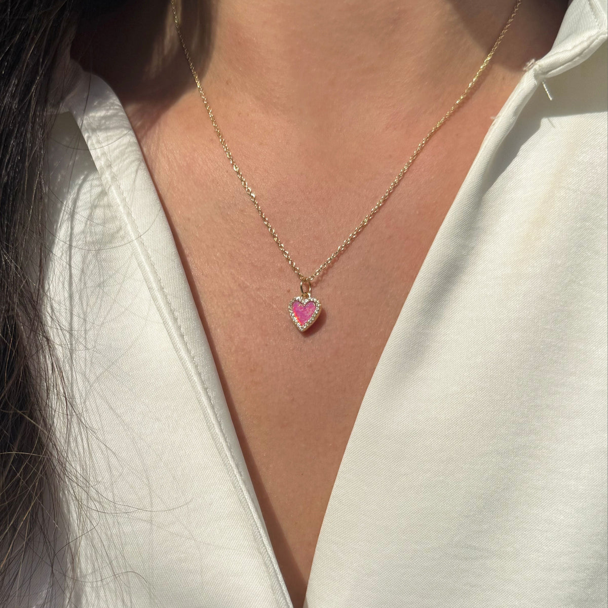 mini opal heart necklace pink opal gold