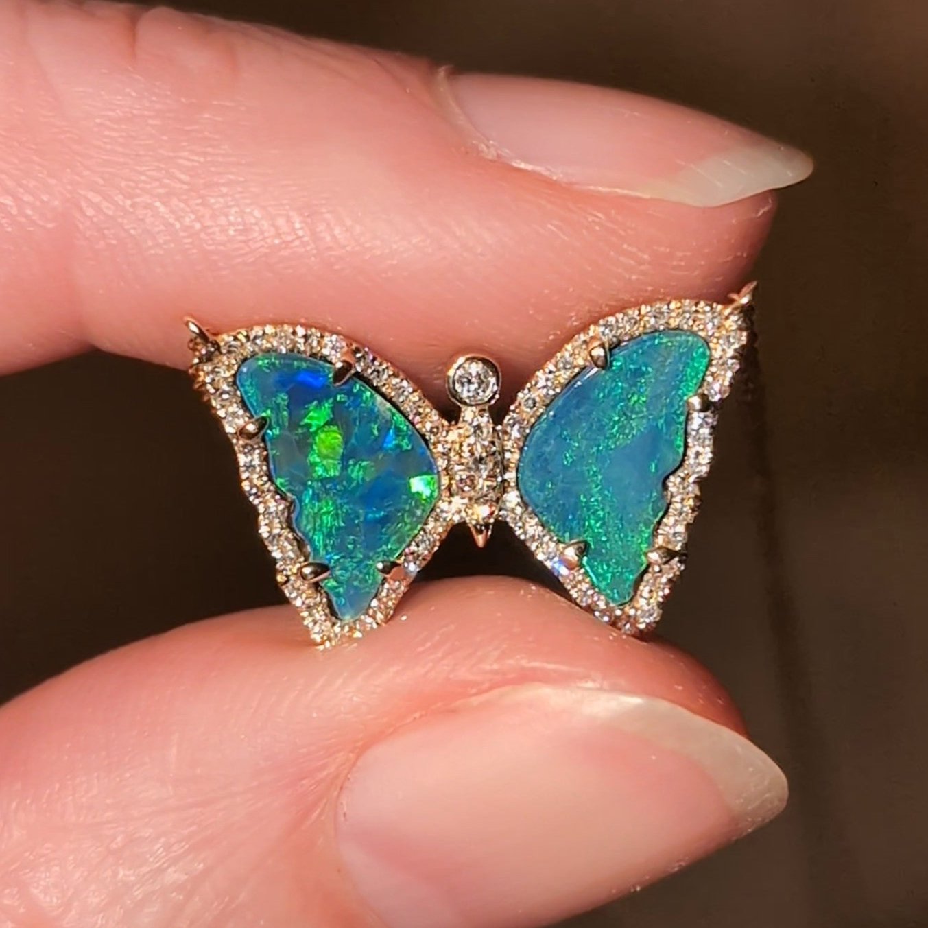 mini opal butterfly necklace with diamonds in 14k gold