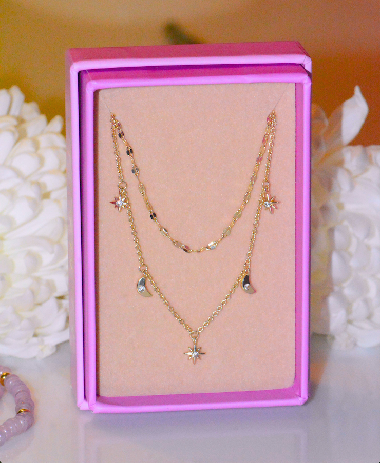 Moon and Stars Celestial Double Layering Necklace