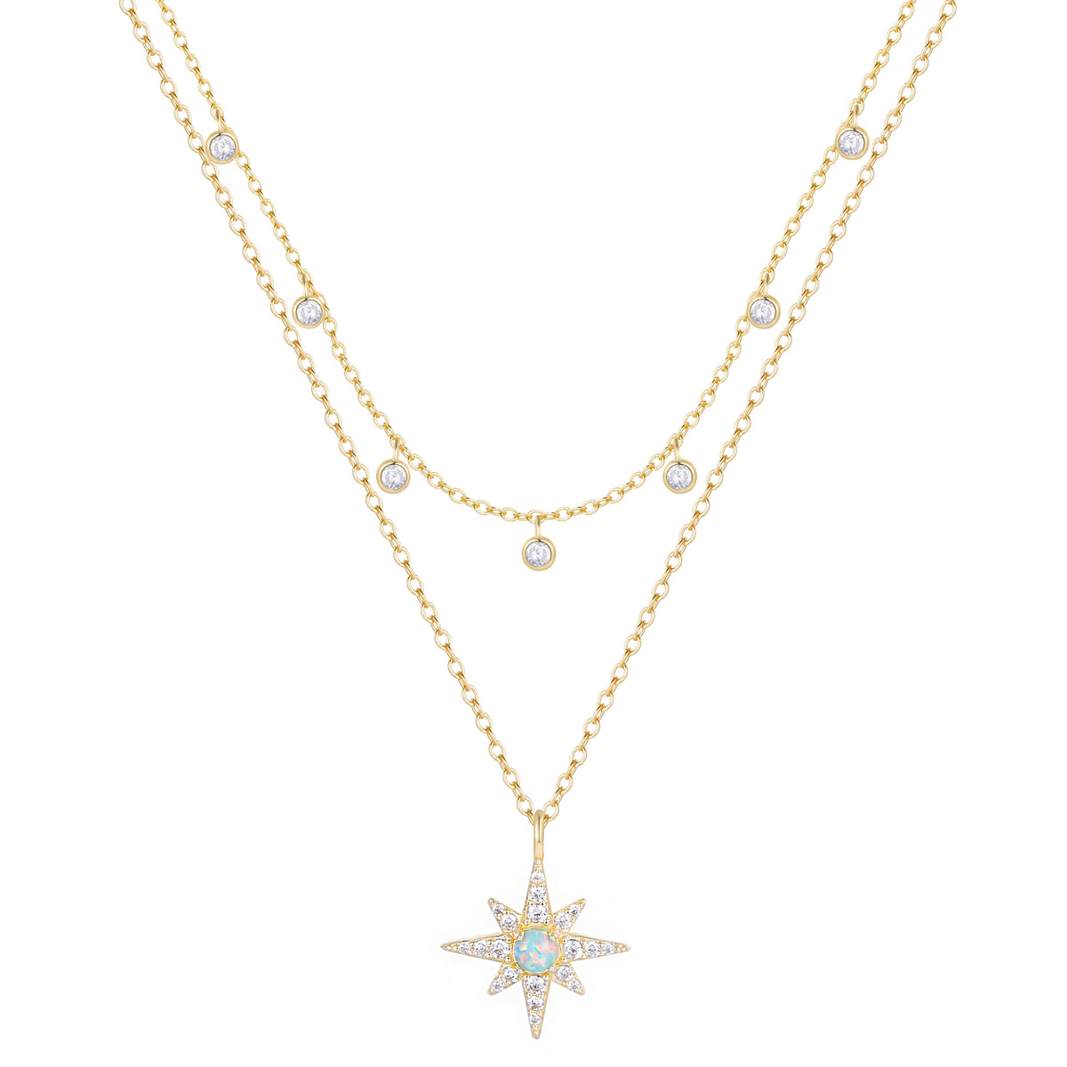 North Star With Opal and CZ Drops Layering Necklace