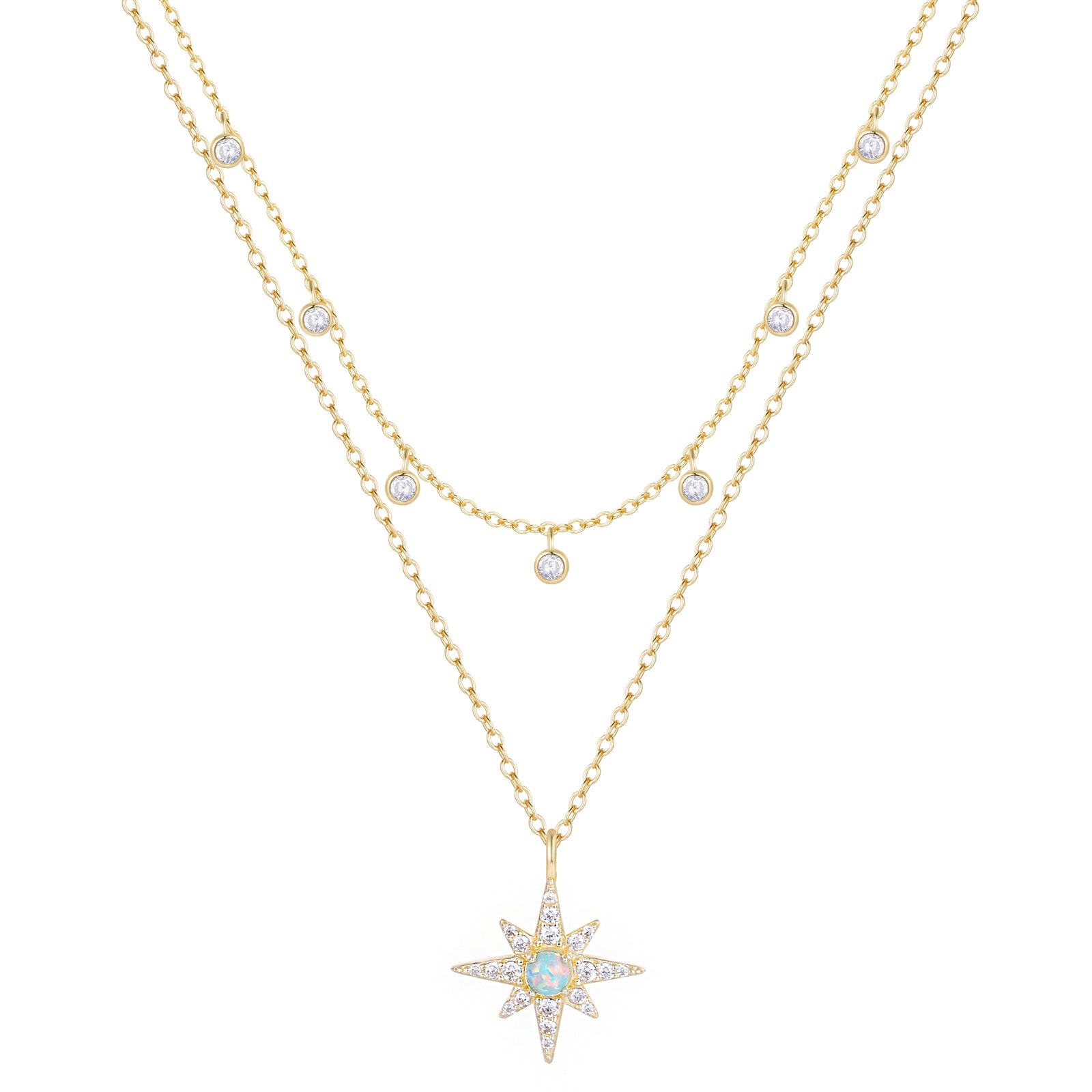 North Star With Opal and CZ Drops Layering Necklace