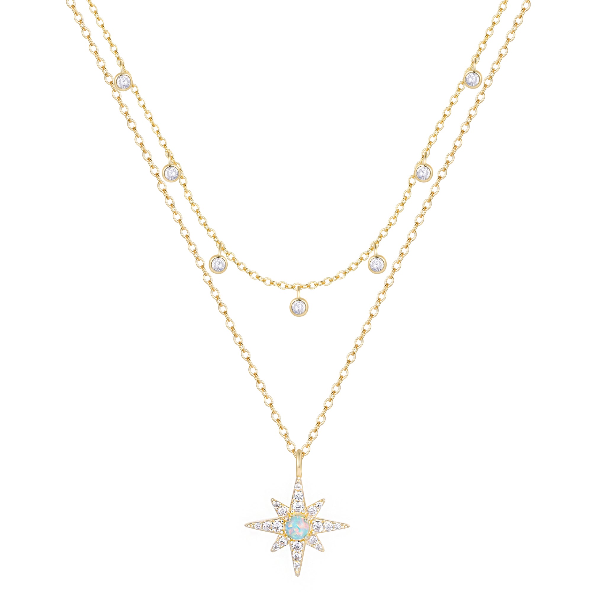 North Star With Opal and CZ Drops Layering Necklace