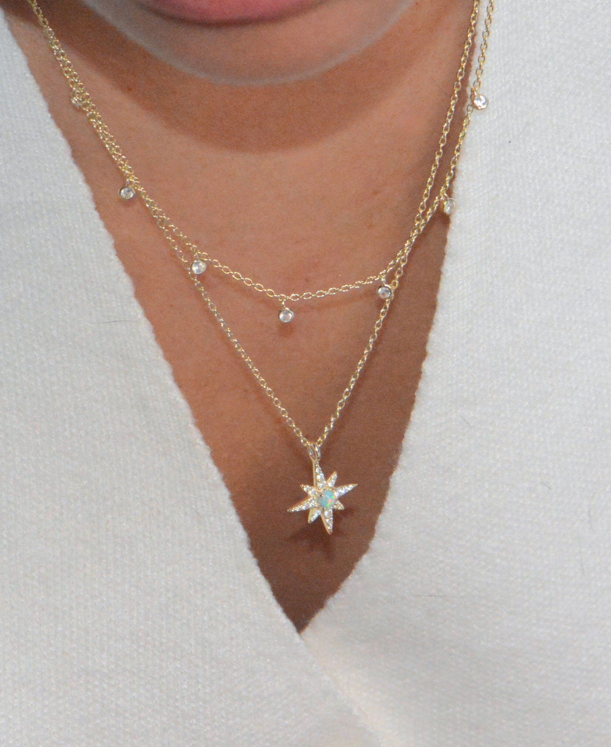 North Star With Opal and CZ Drops Layering Necklace