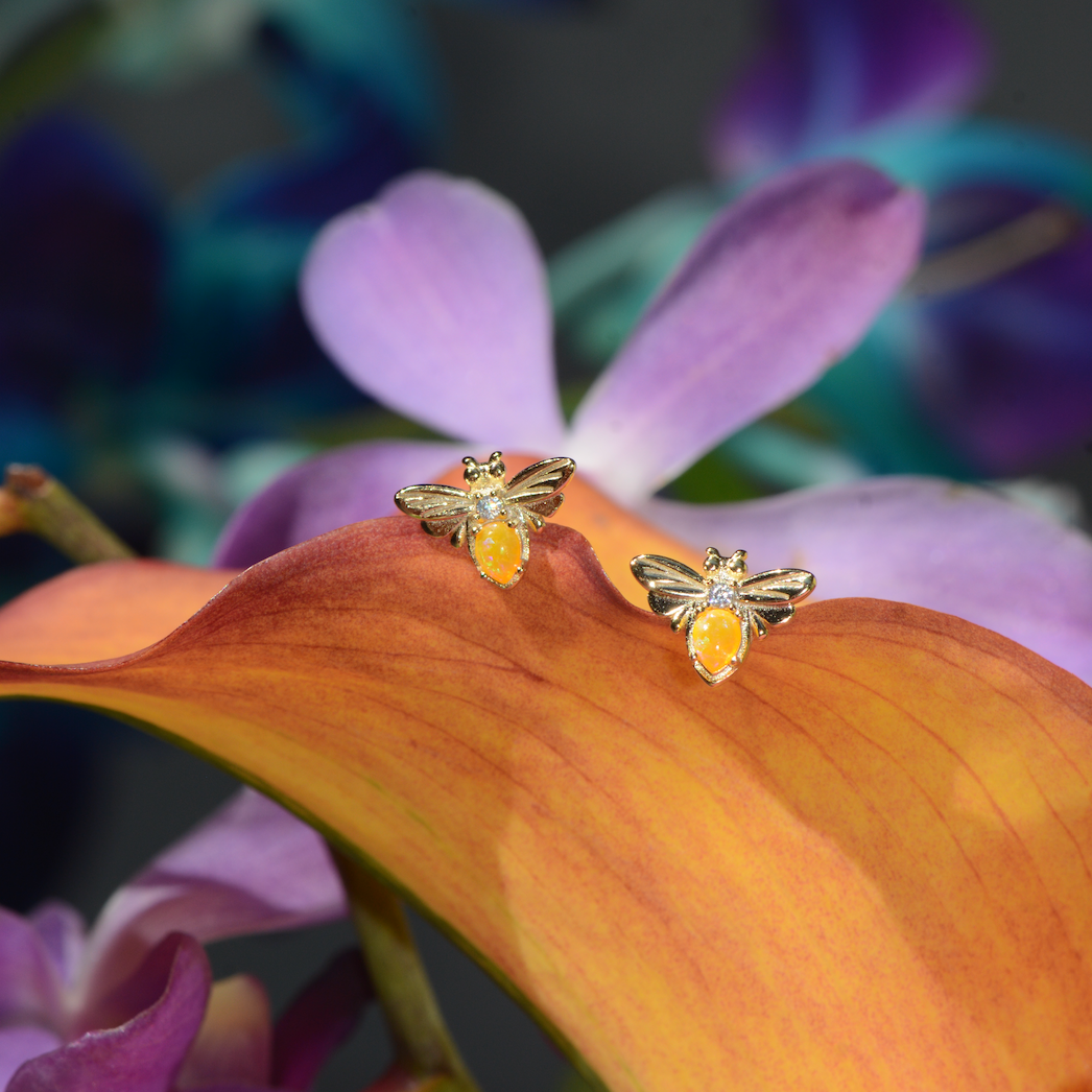 Opal bee stud earrings tangerine