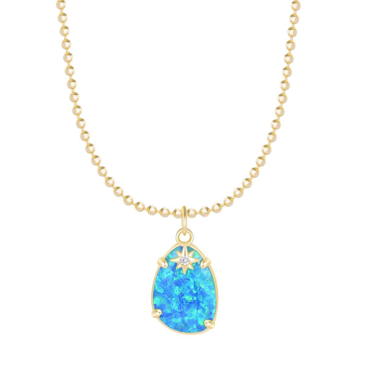 Opal Pendant and Star Charm Necklace on Ball Chain - Blue Green Opal