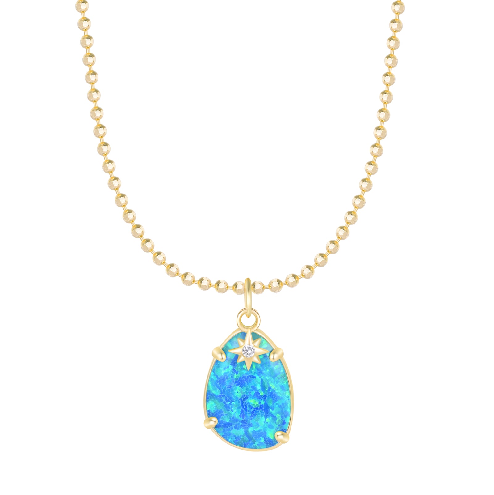 Opal Pendant and Star Charm Necklace on Ball Chain - White Opal
