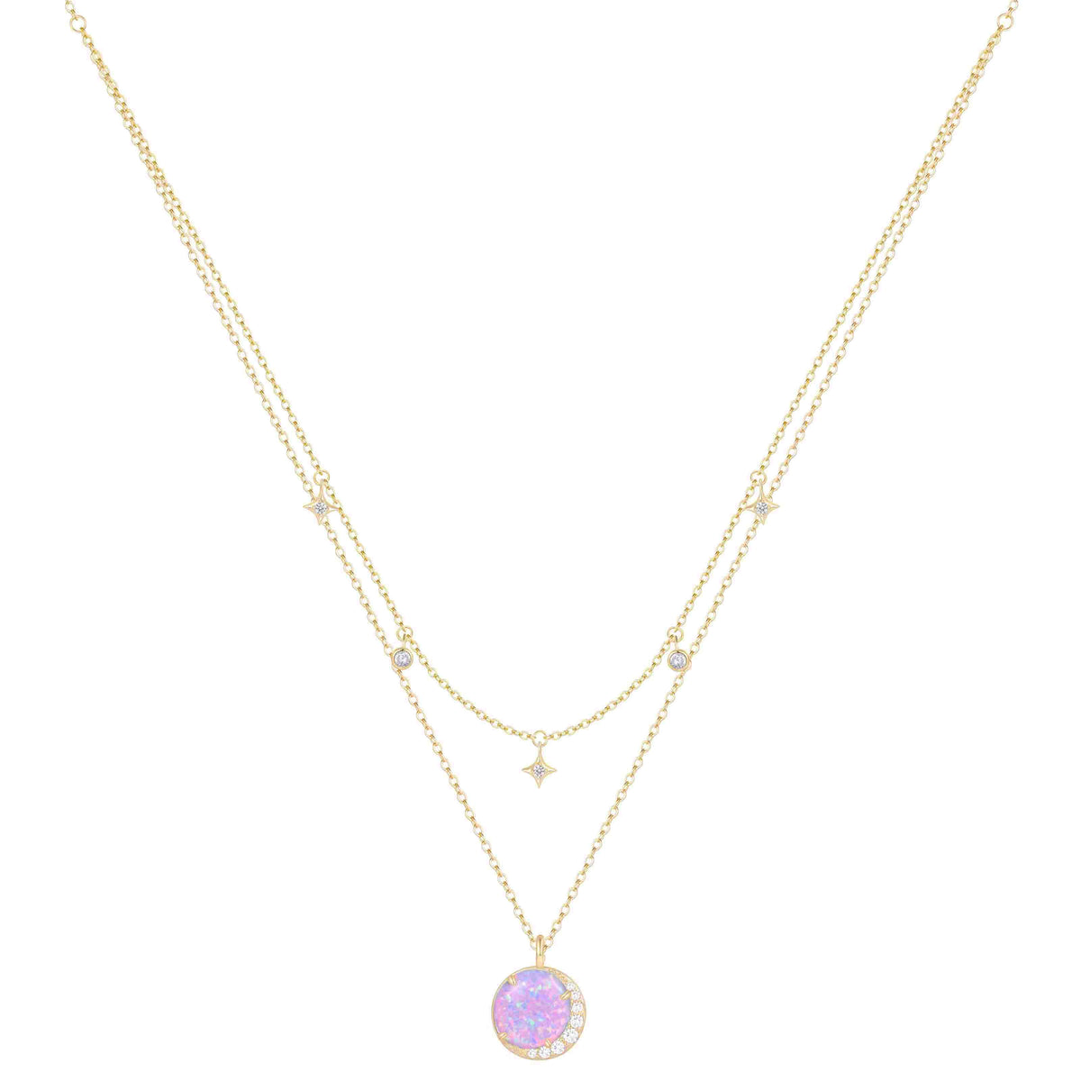 Two gold necklaces with gemstone pendants on a white background lavender opal star charms