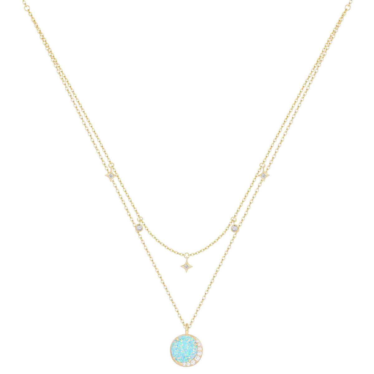 Two gold necklaces with light green opal pendant on a white background