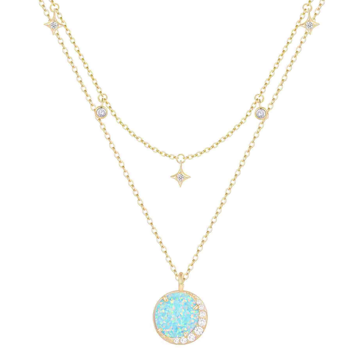 Opal Moon and Star Charm Double Layering Necklace