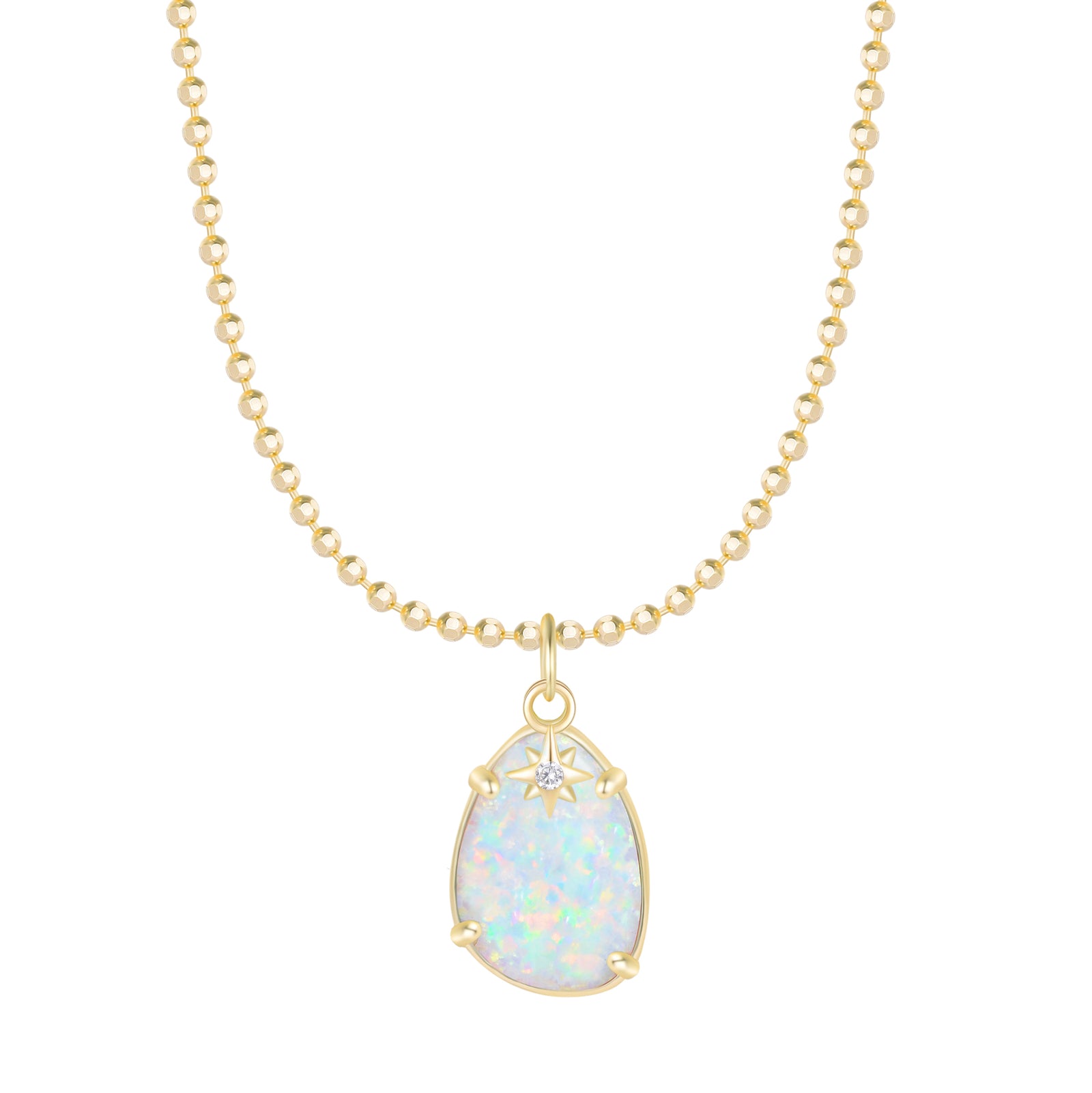Opal Pendant and Star Charm Necklace on Ball Chain - White Opal