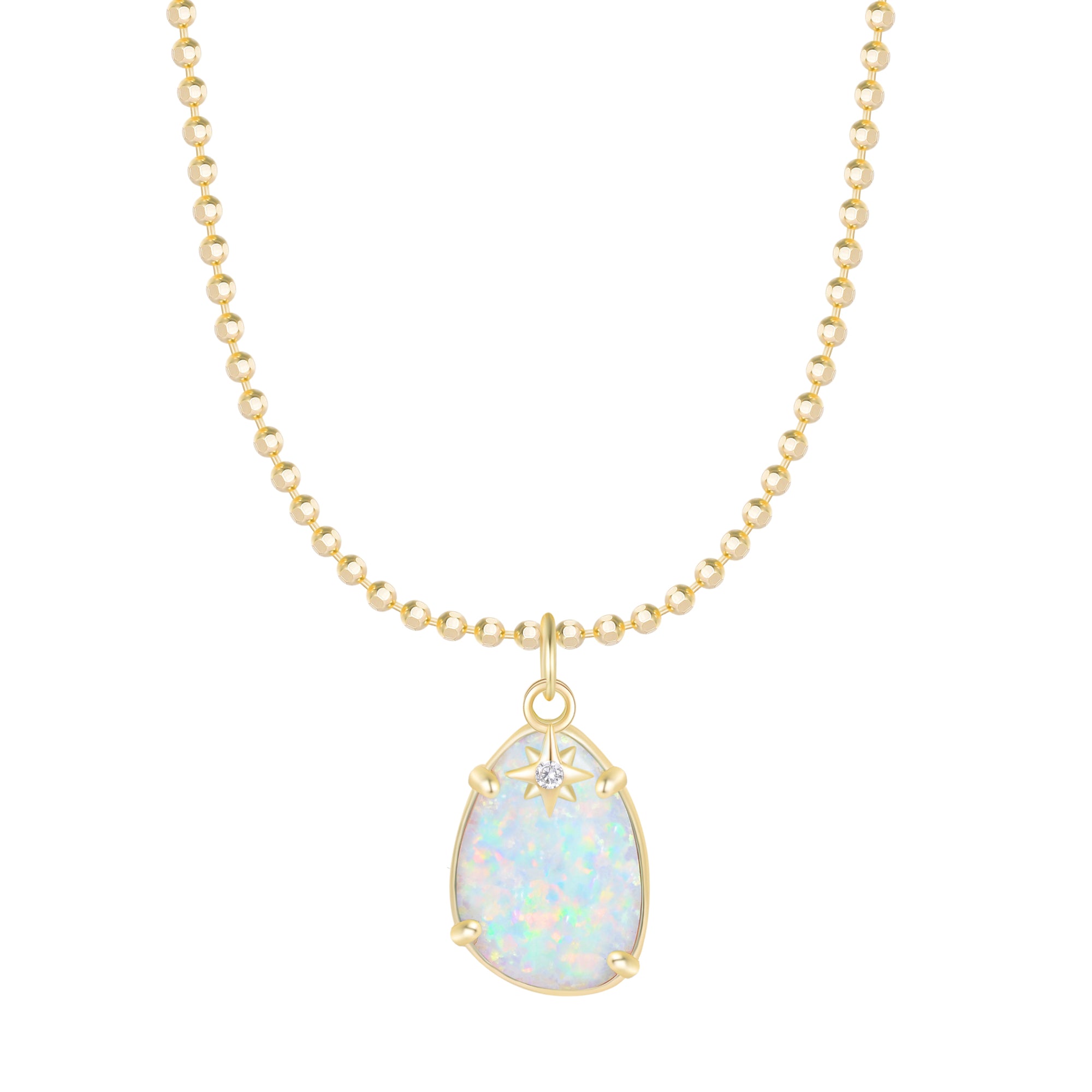 Opal Pendant and Star Charm Necklace on Ball Chain - White Opal