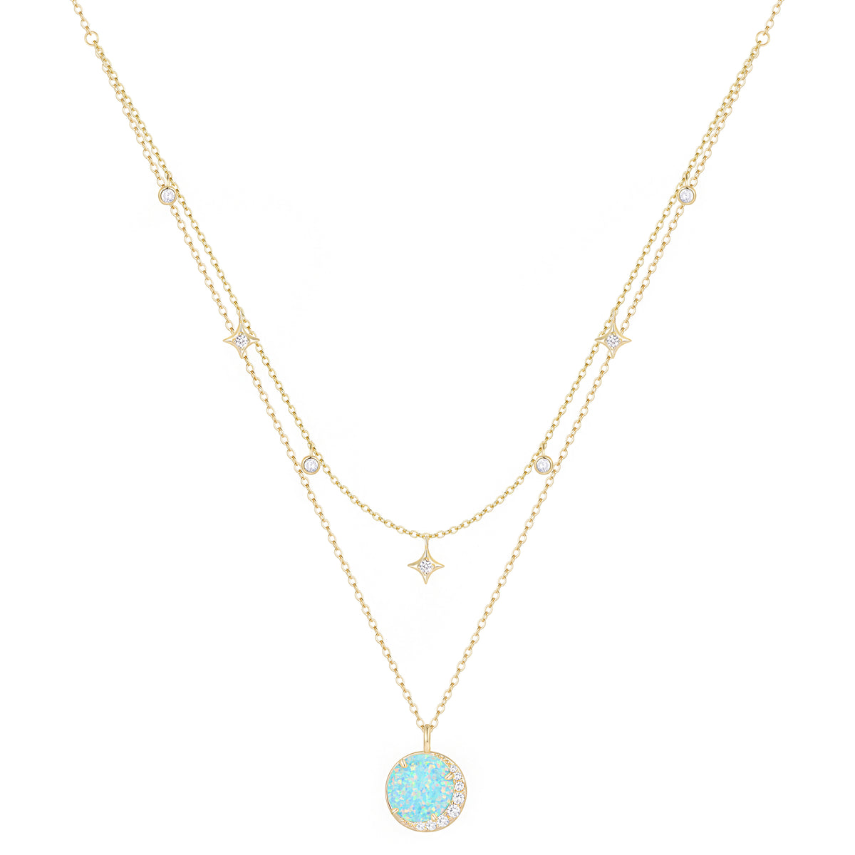 Opal Moon and Star Charm Layered Necklace