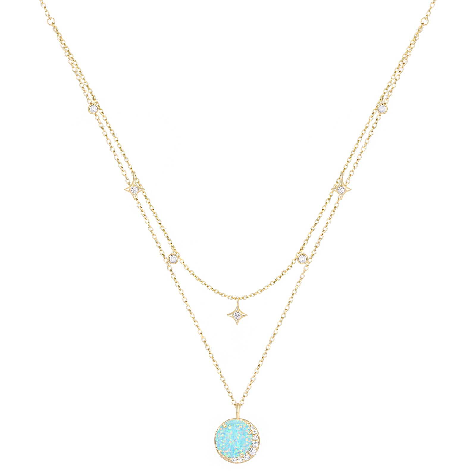 Opal Moon and Star Charm Layered Necklace