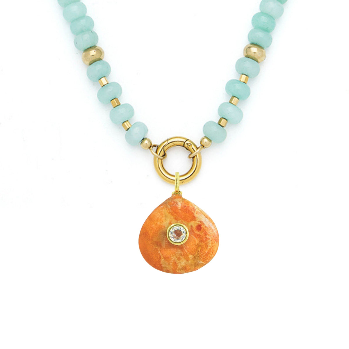Orange Coral Pendant and Raya Gemstone Necklace Amazonite
