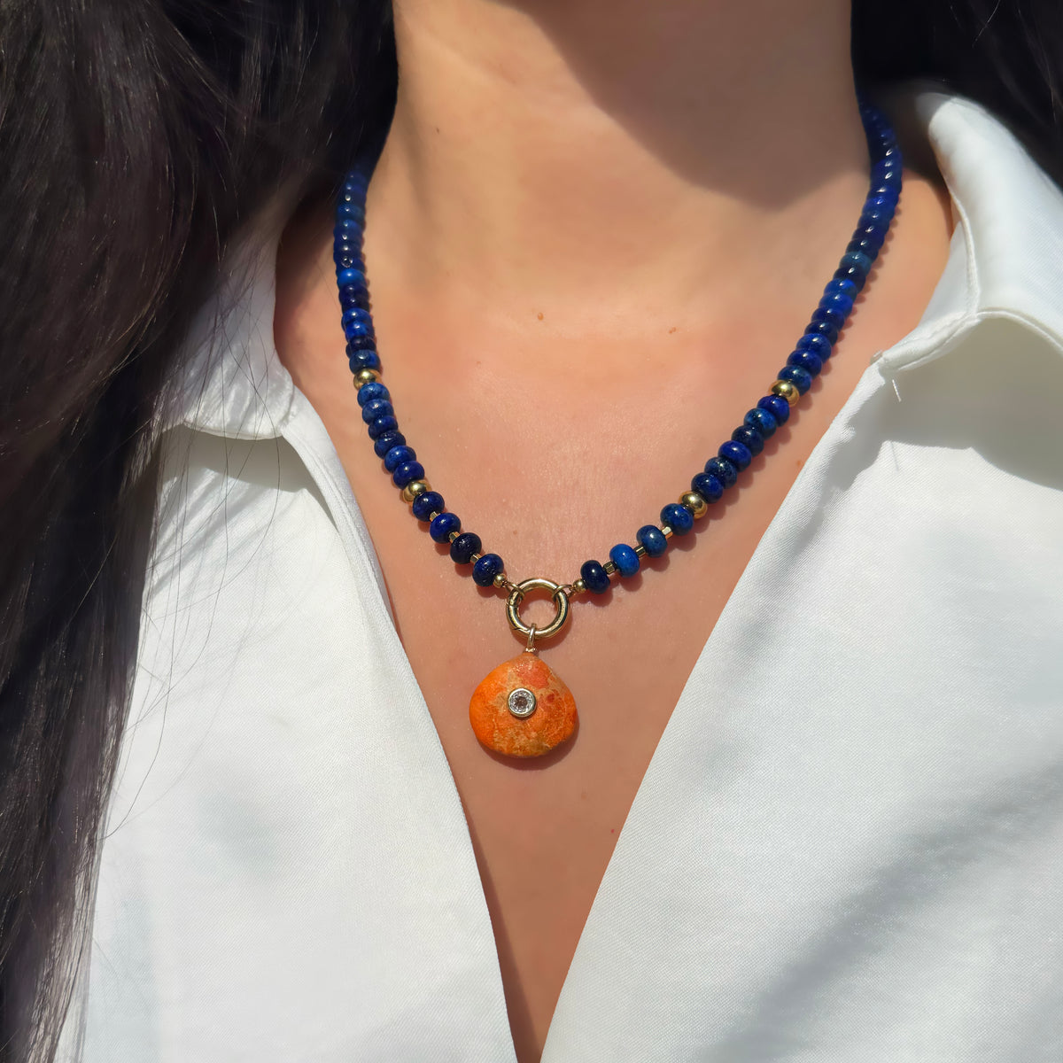 Orange Coral Gemstone Pendant With Topaz Lapis