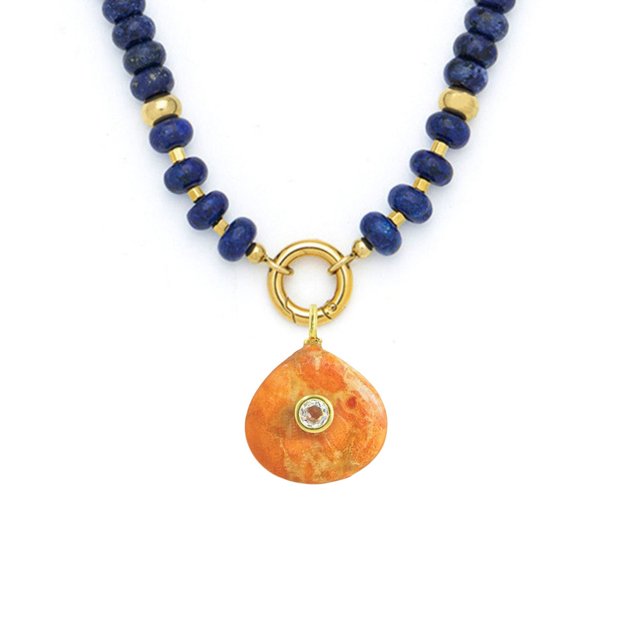 Orange Coral Pendant and Raya Gemstone Necklace Lapis