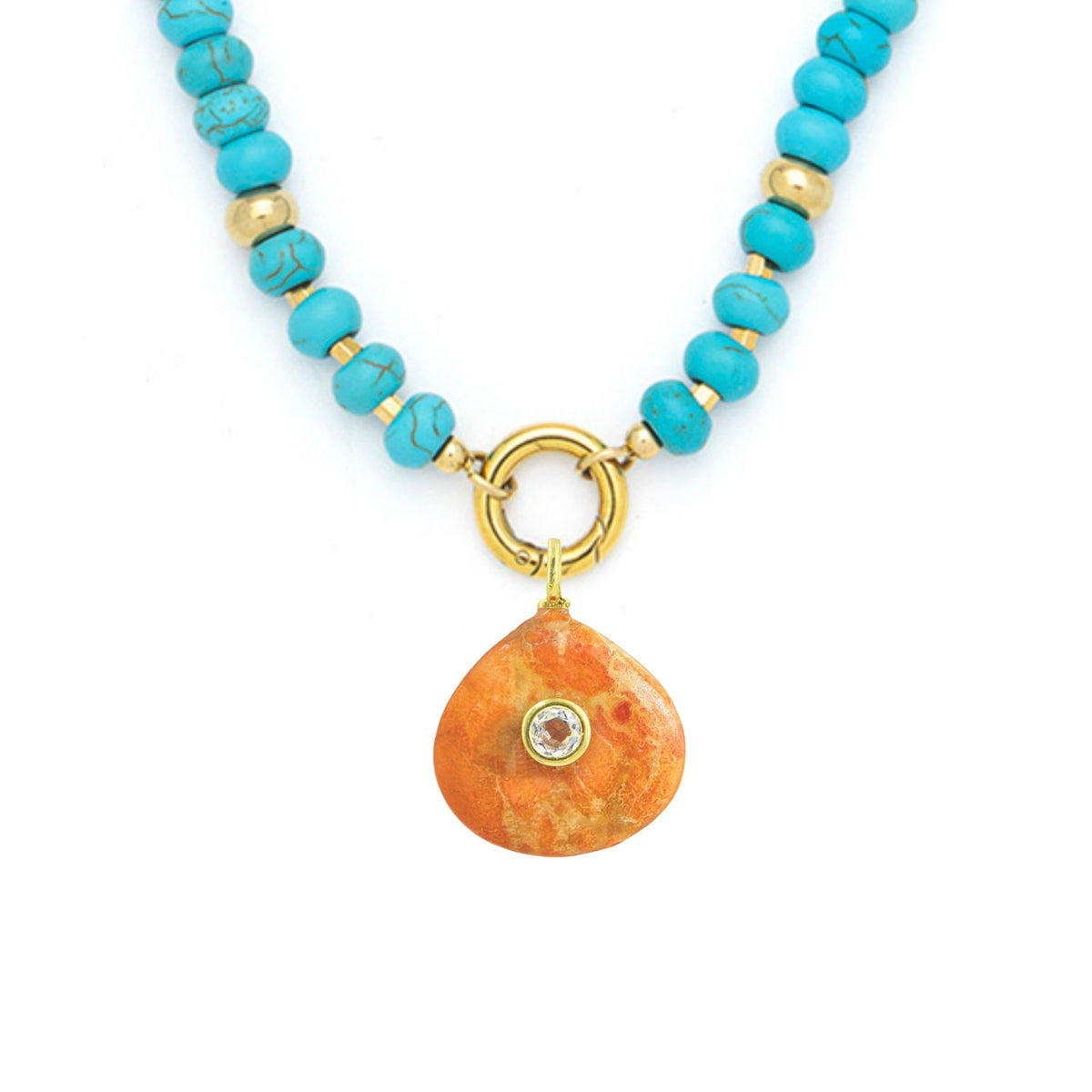 Orange Coral Pendant and Raya Gemstone Necklace Turquoise