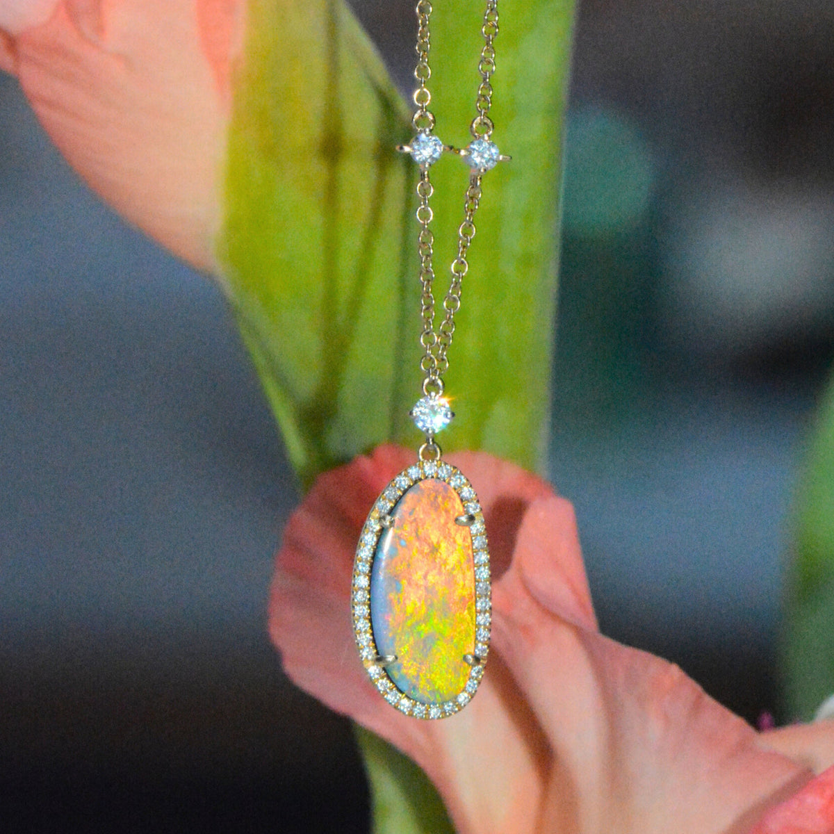 Orange and Yellow Opal Necklace With Lab Created Diamonds