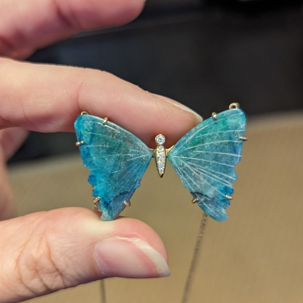 large chrysocolla butterfly necklace with diamonds and prongs