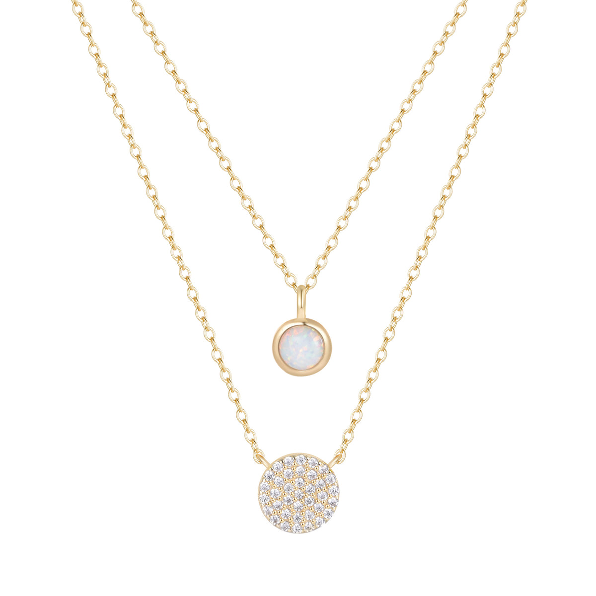 Pave Disk and Bezel Opal Layering Necklace