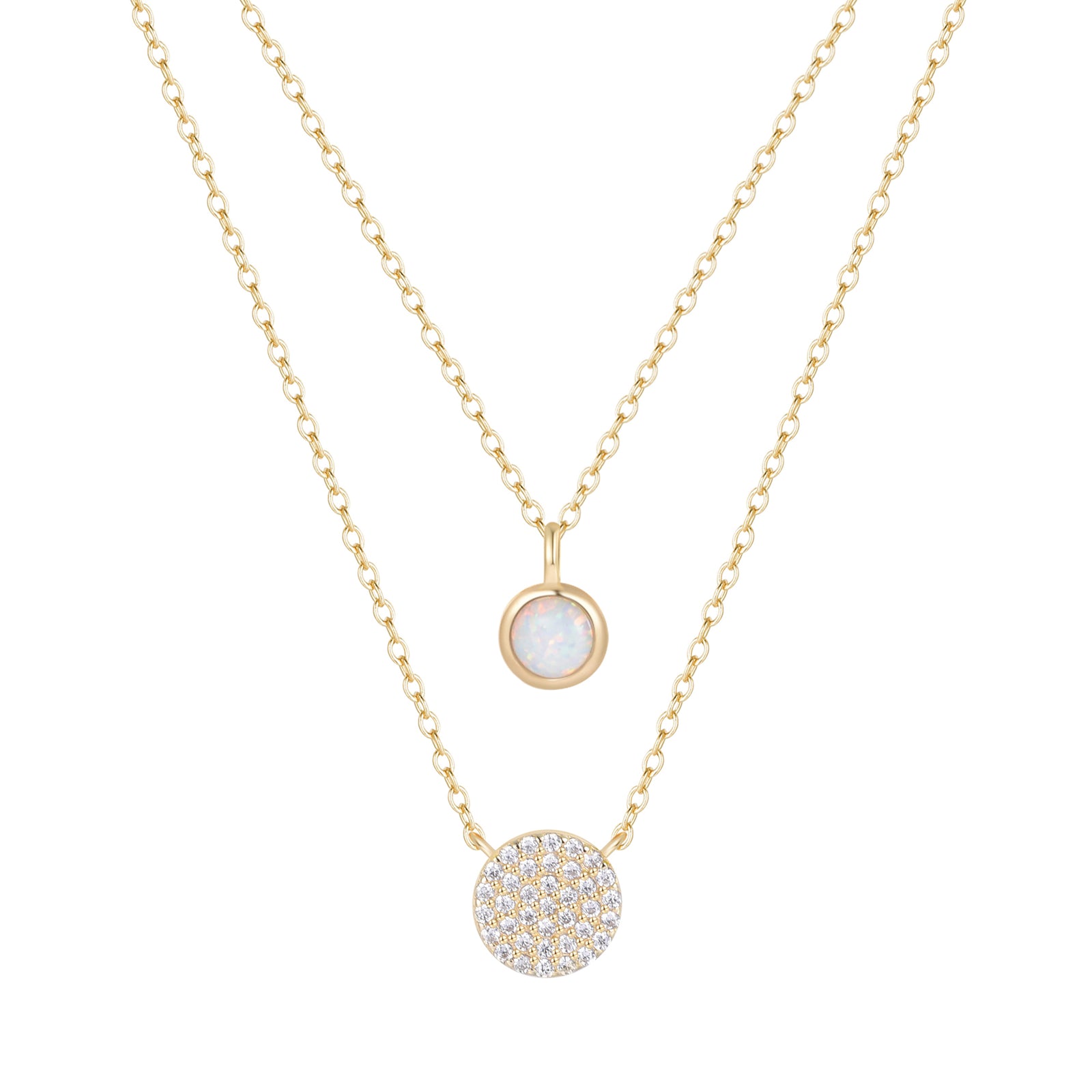 Pave Disk and Bezel Opal Layering Necklace