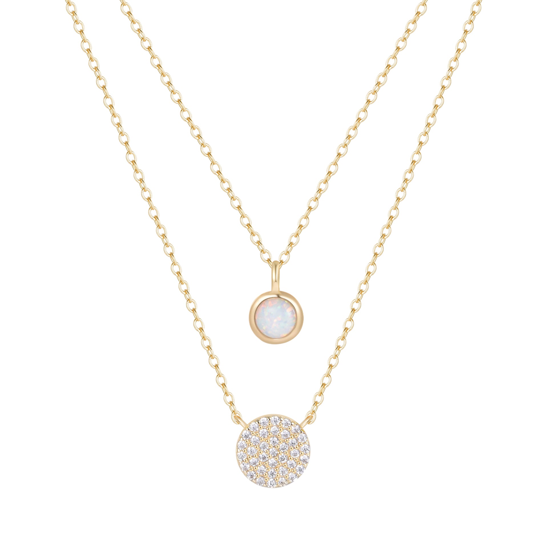 Pave Disk and Bezel Opal Layering Necklace