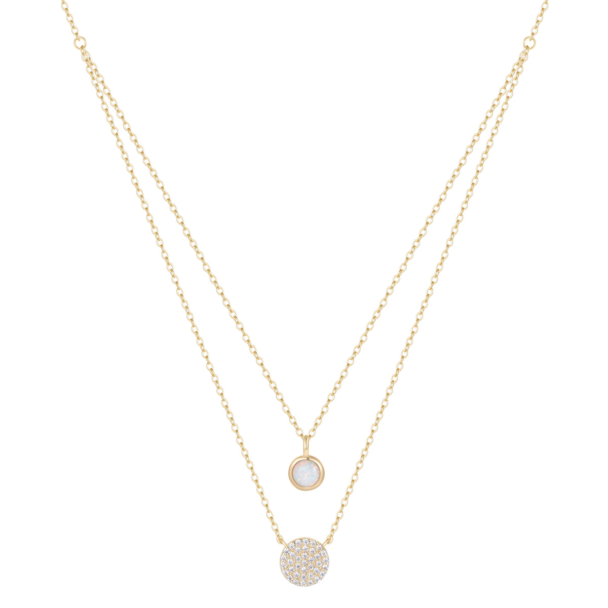 Bezel Opal and Pave Disk Double Layering Necklace