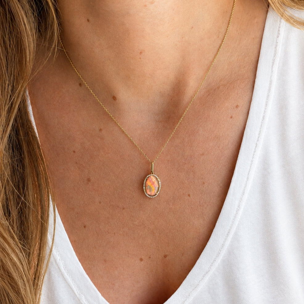 Peach Tourmaline and Pearl Doublet Necklace with Diamonds