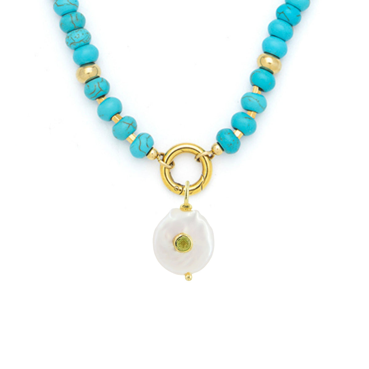 Pearl Pendant and Raya Gemstone Necklace Turquoise Peridot