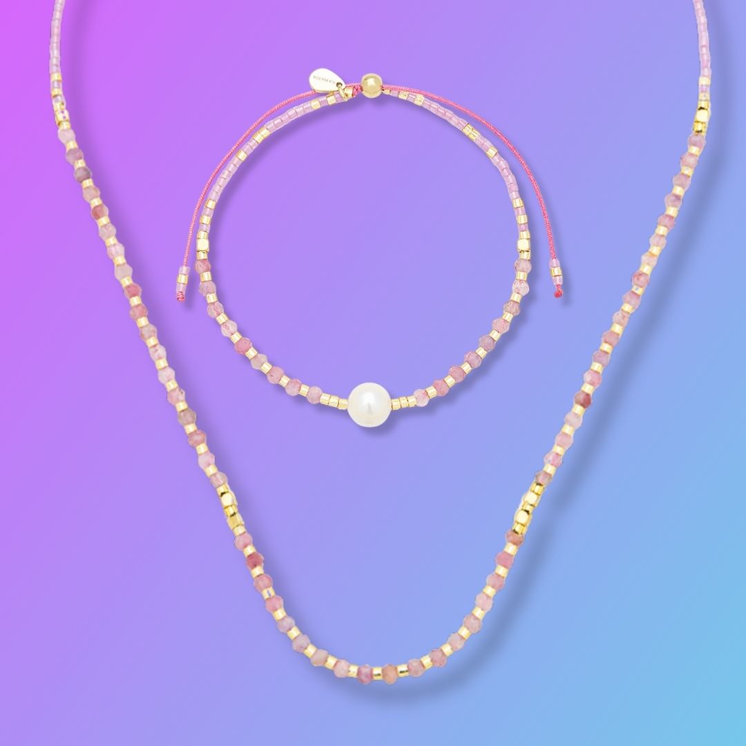 Gift Set | Lumira Necklace with Mini Pearl and Gemstone Adjustable Bracelet