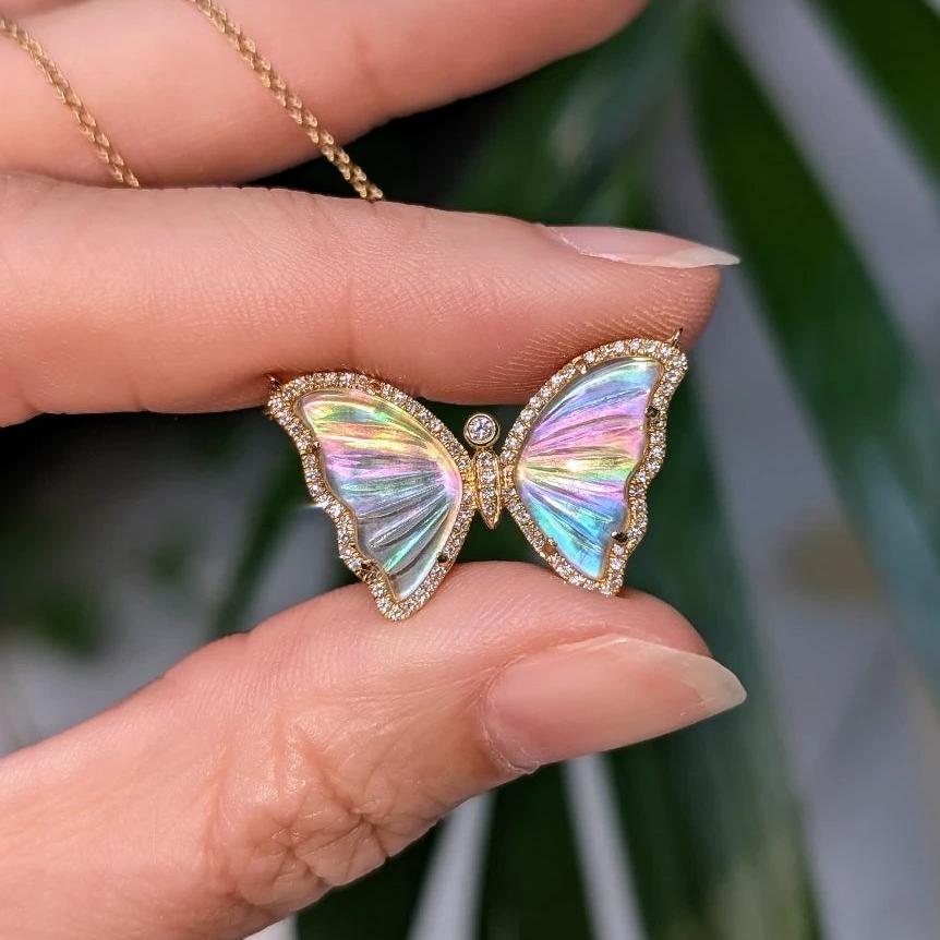 Rainbow Diamond Butterfly Necklace with White Topaz and Pearl