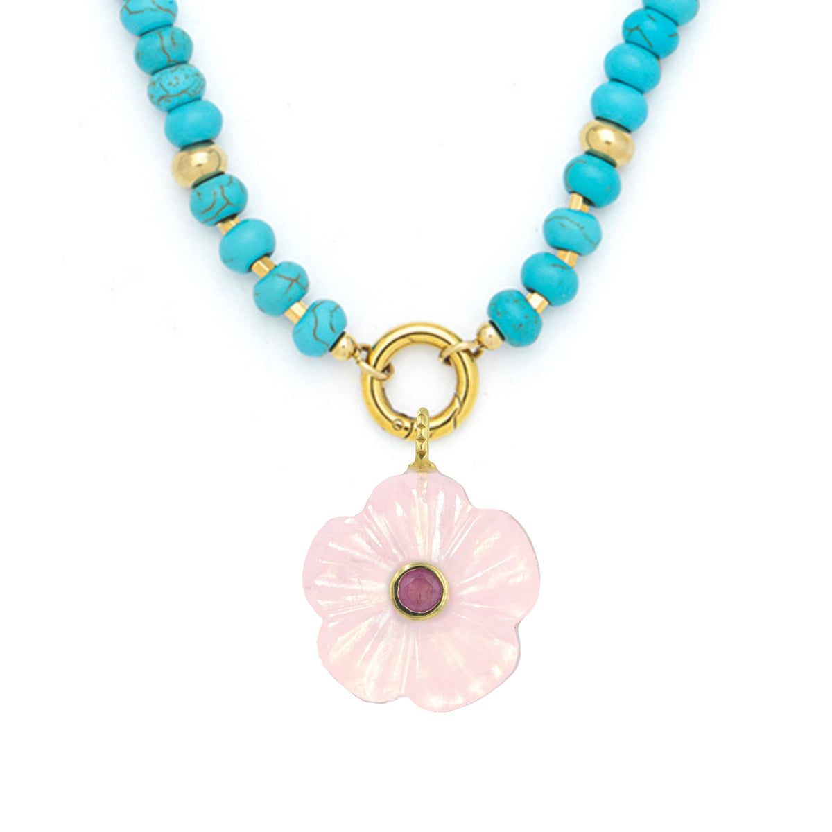 Rose Quartz Pendant and Raya Gemstone Necklace Flower Turquoise