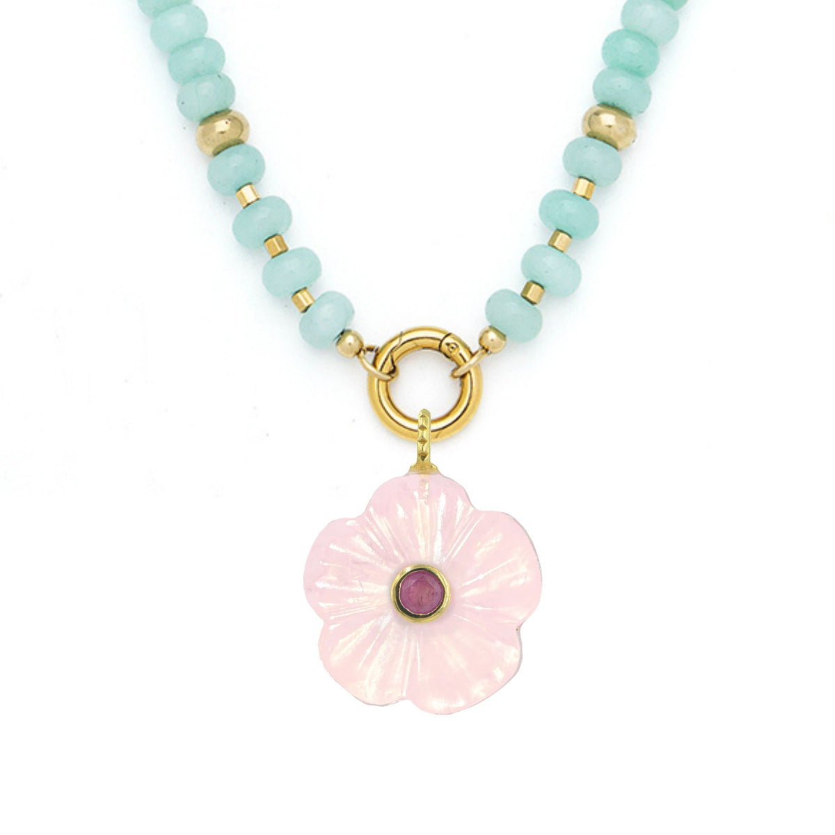 Rose Quartz Pendant and Raya Gemstone Necklace Flower Amazonite