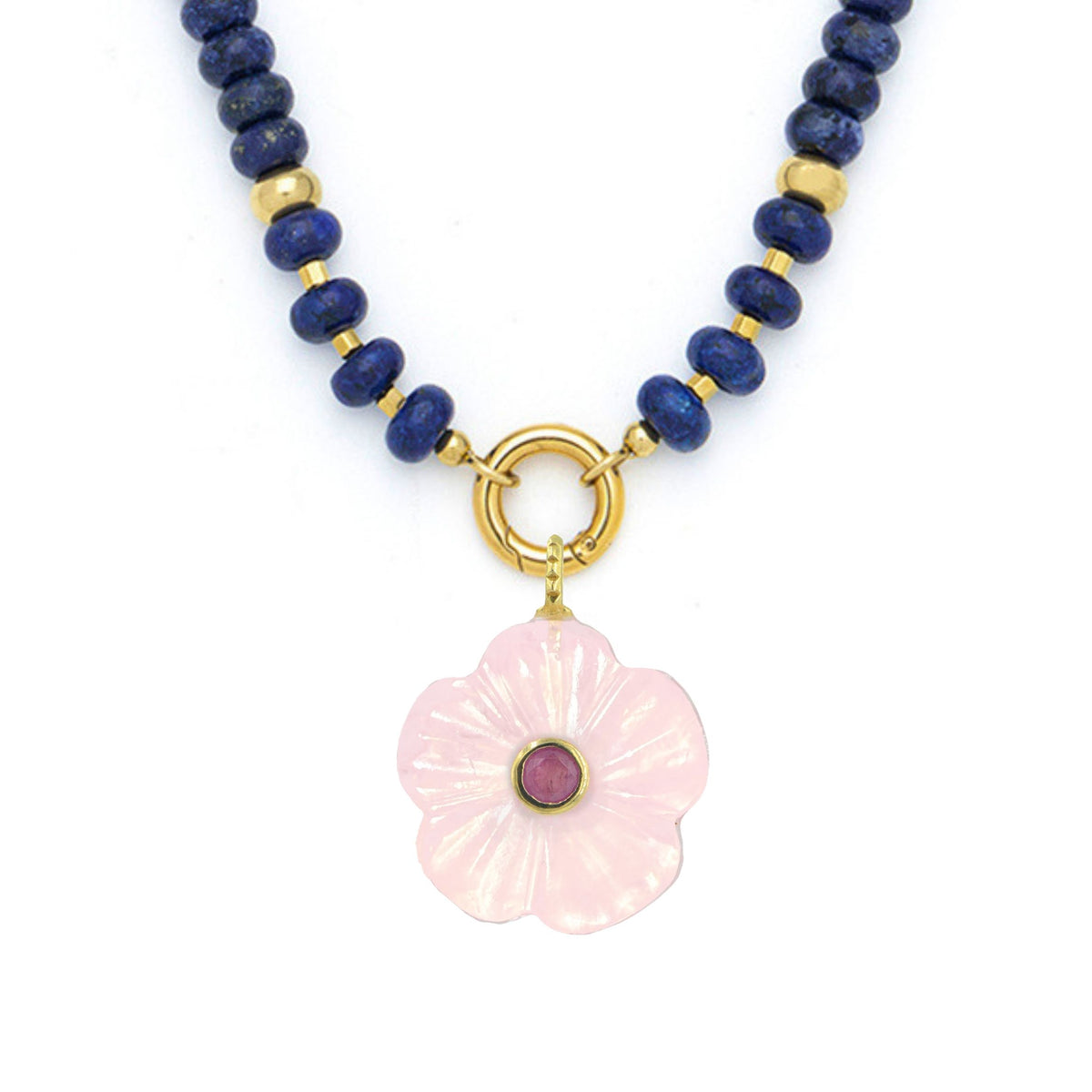 Rose Quartz Pendant and Raya Gemstone Necklace Flower Lapis