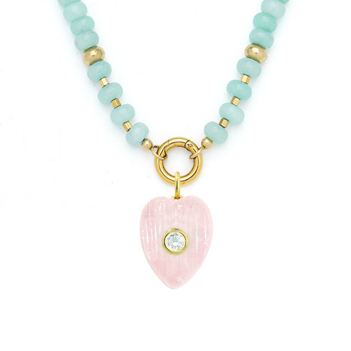 Rose Quartz Pendant and Raya Gemstone Necklace Heart Amazonite