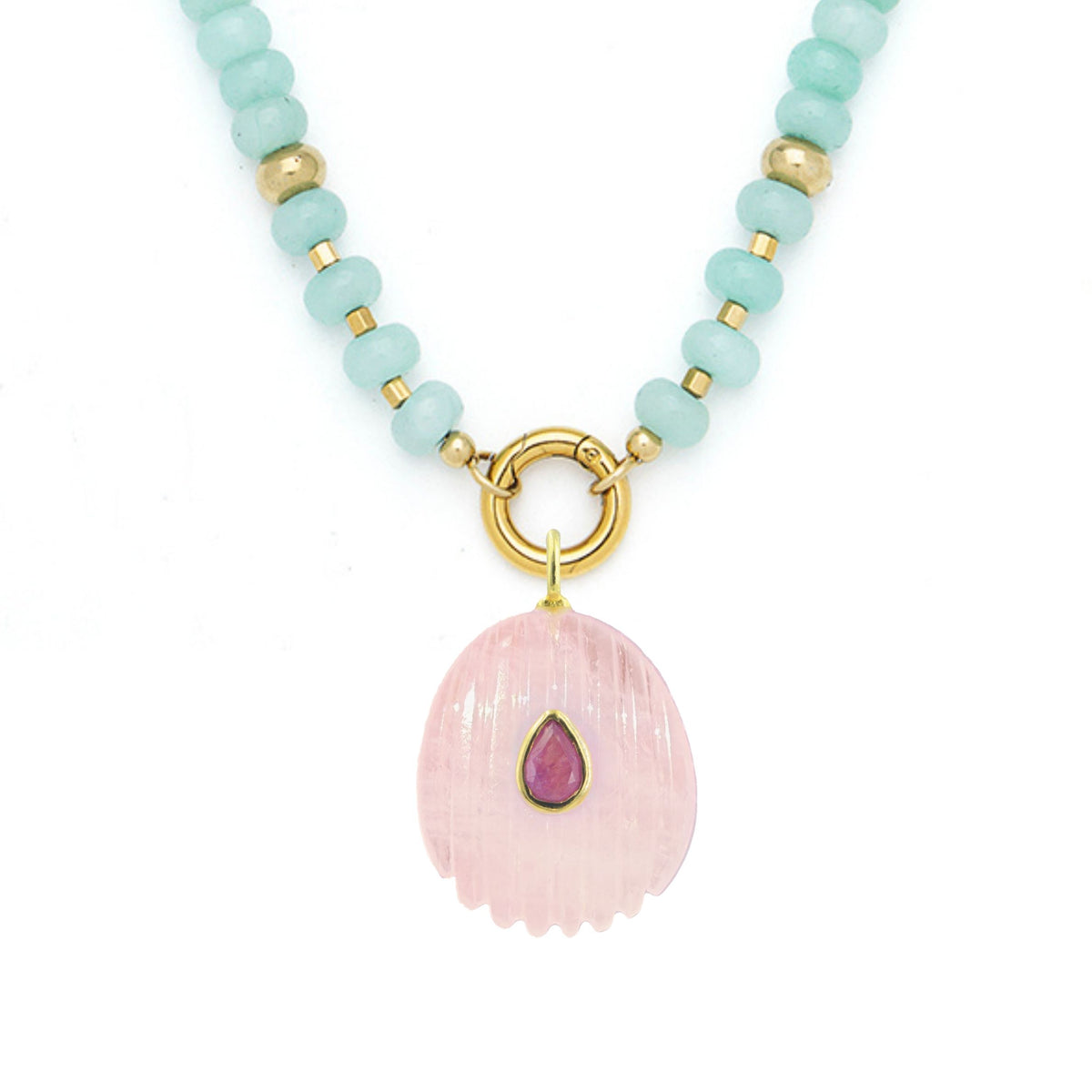 Rose Quartz Pendant and Raya Gemstone Necklace Shell Amazonite