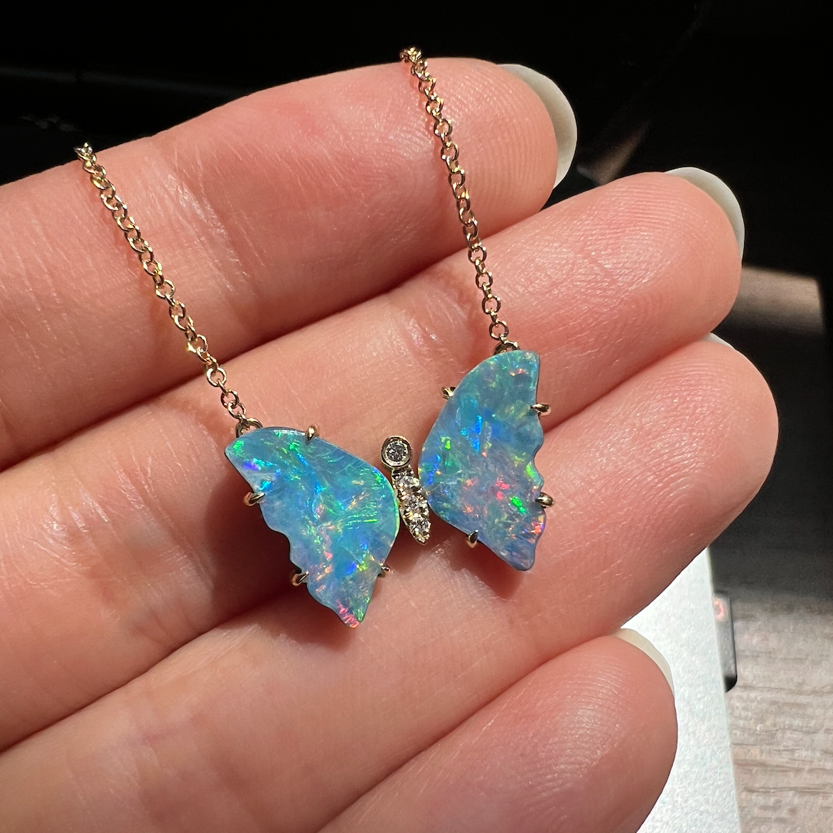 opal butterfly necklace with diamonds and prongs - majestic sky
