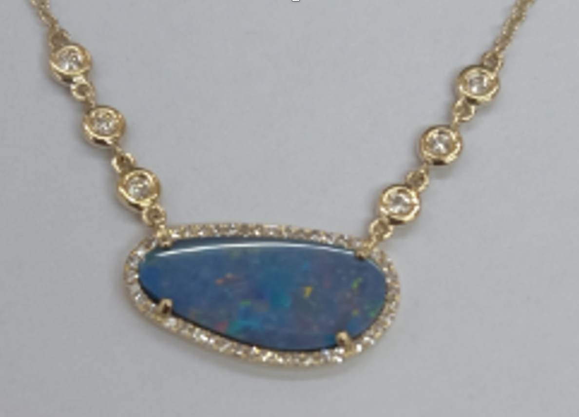 Fire Boulder Opal Necklace With In-Line Diamonds - Gray and Blue