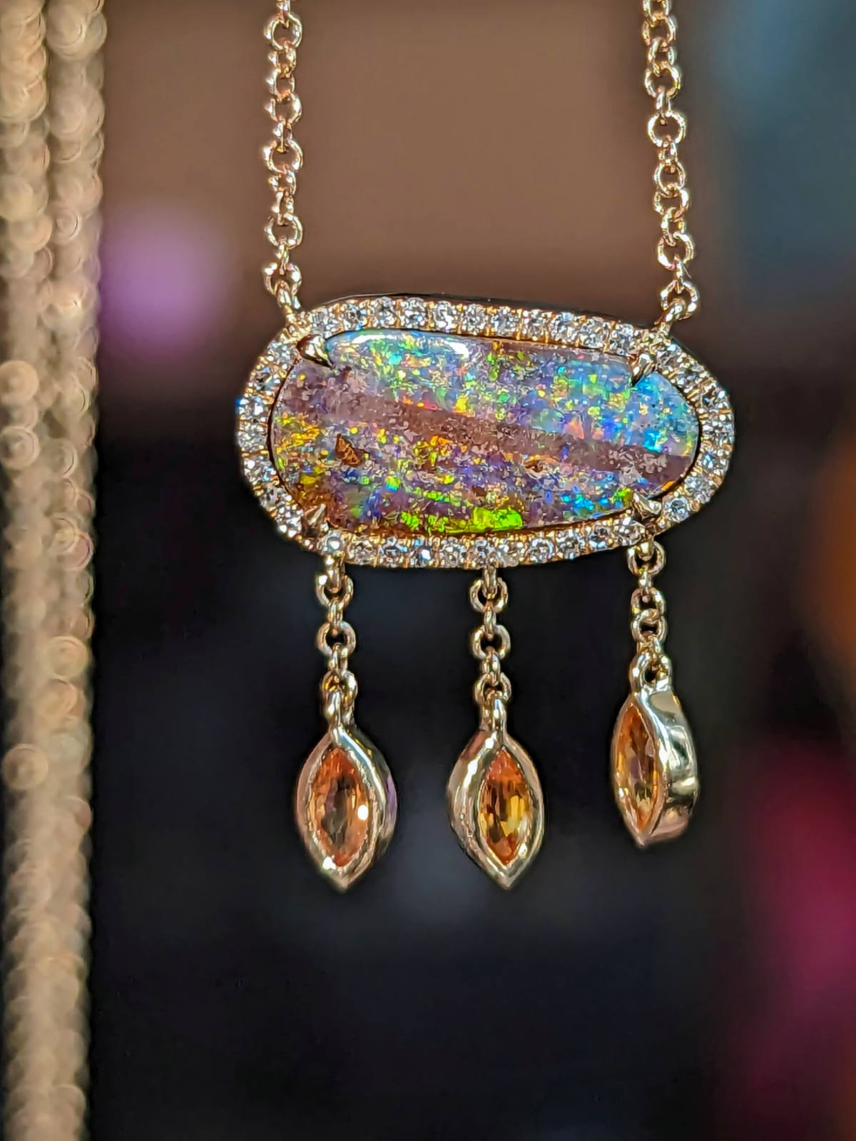 Rainbow Boulder Opal Necklace With Sapphire Drops