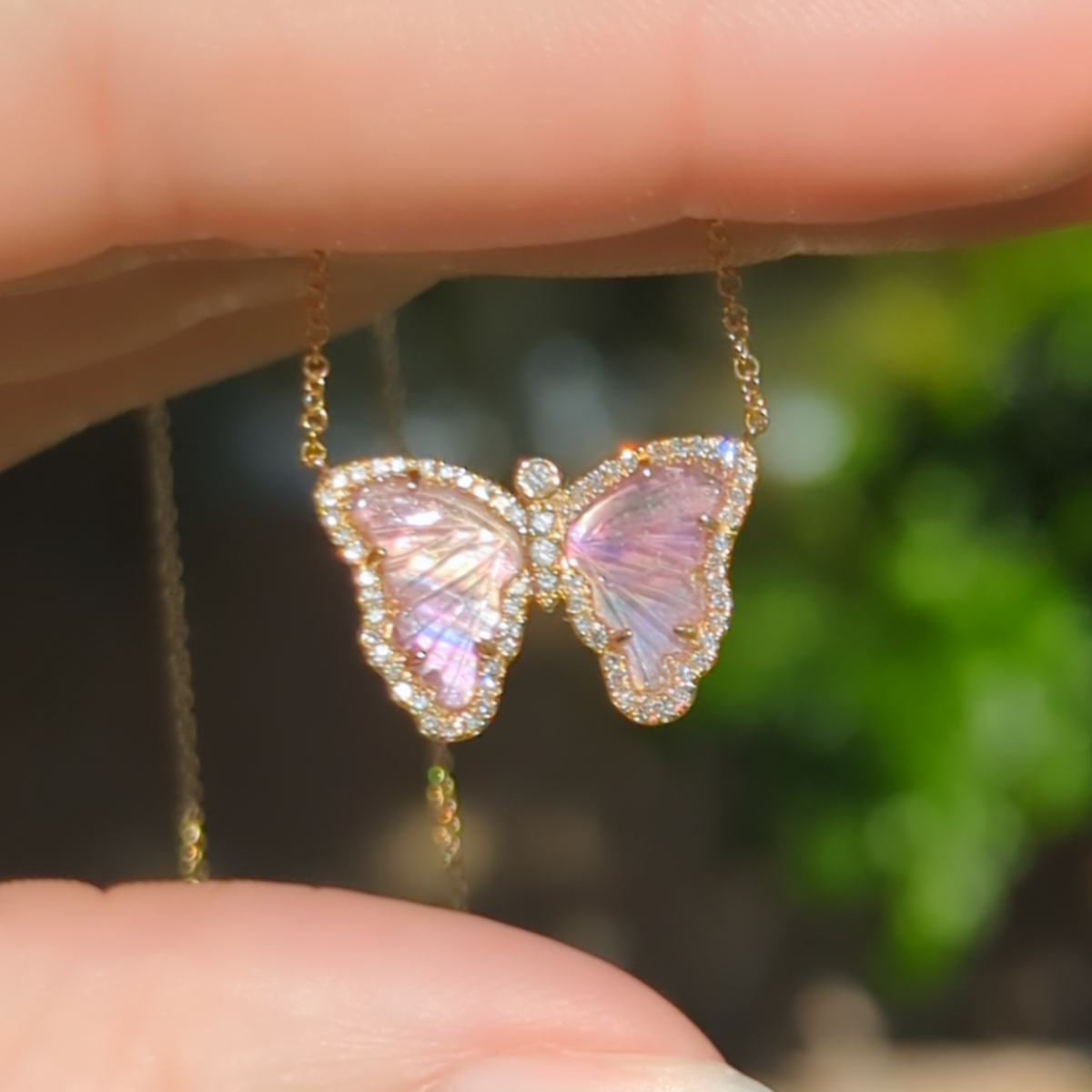 Mini Lavender Tourmaline Pearl Butterfly Necklace with Diamonds