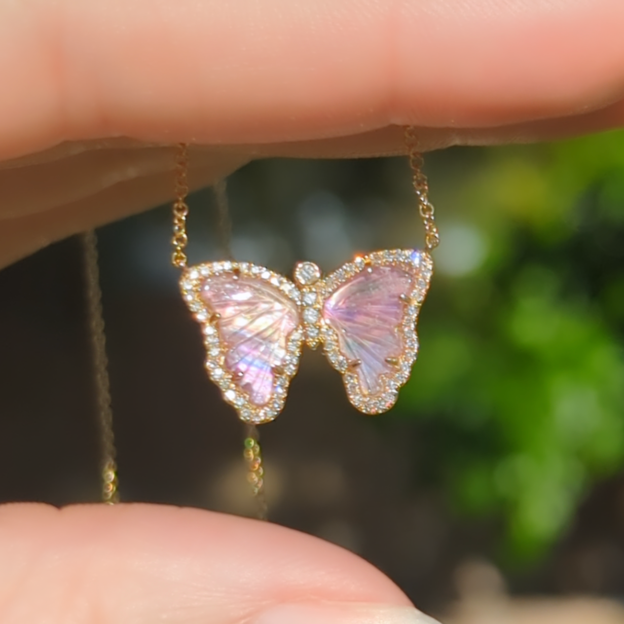 Mini Lavender Tourmaline Pearl Butterfly Necklace with Diamonds