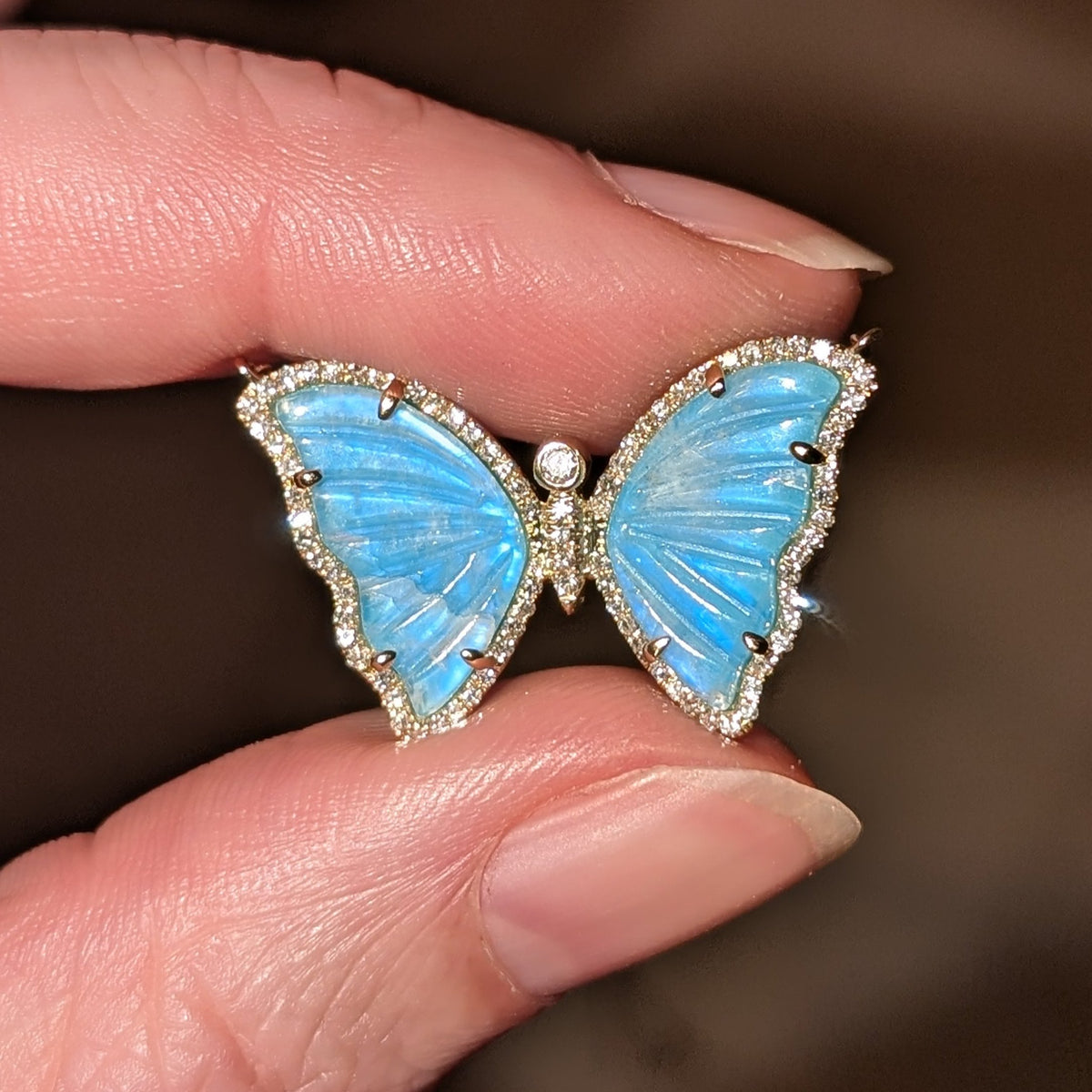 Sky Blue Moonstone and Turquoise Butterfly Necklace with Diamonds
